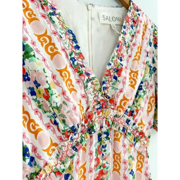 SaloniLea Smocked Floral-print Ecovero-blend Crepe Mini DressSz 0